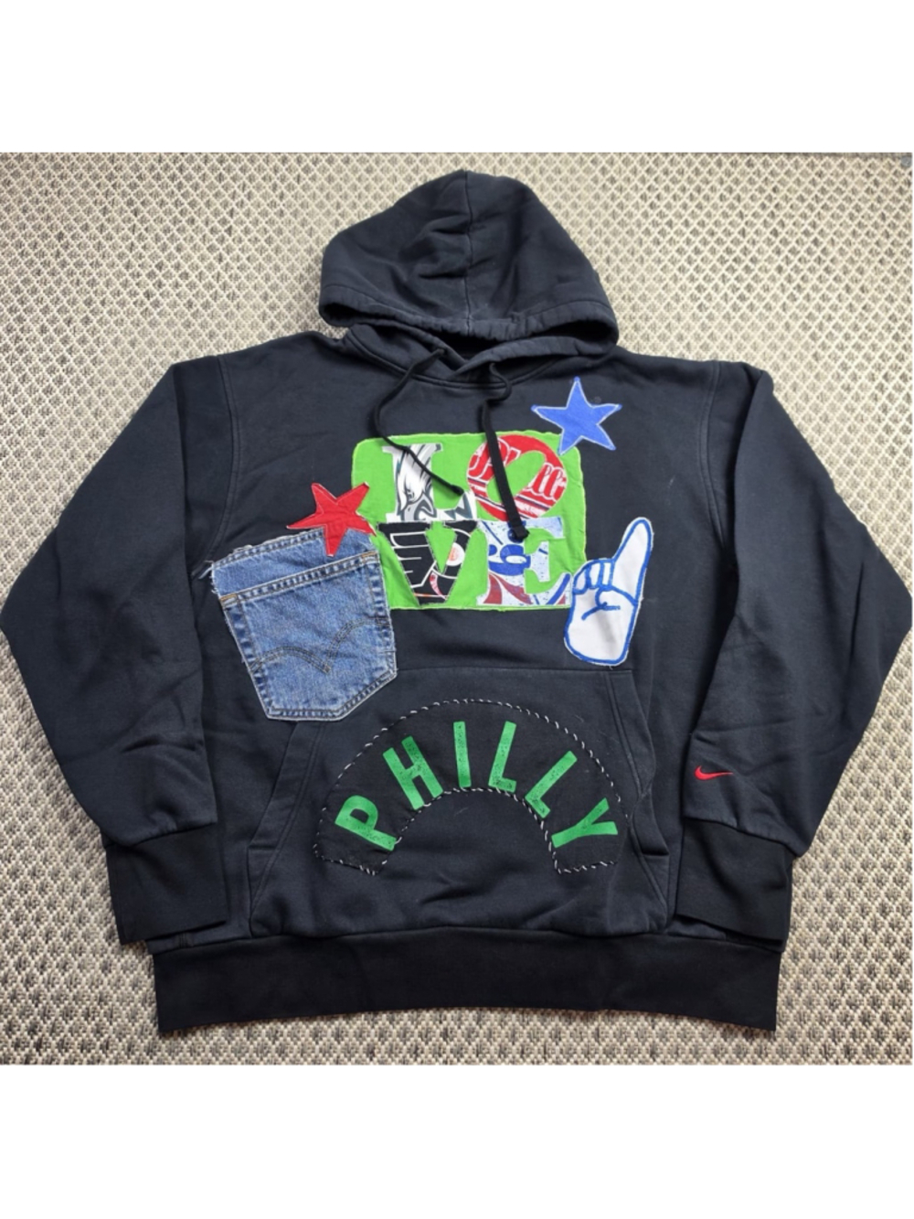 Nike NBA Philadelphia 76ers Hoodie XL Black Custom Patchwork Pullover Philly
